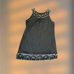 Express Black Midi Dress with Beaded Neckline and Fringe Hem